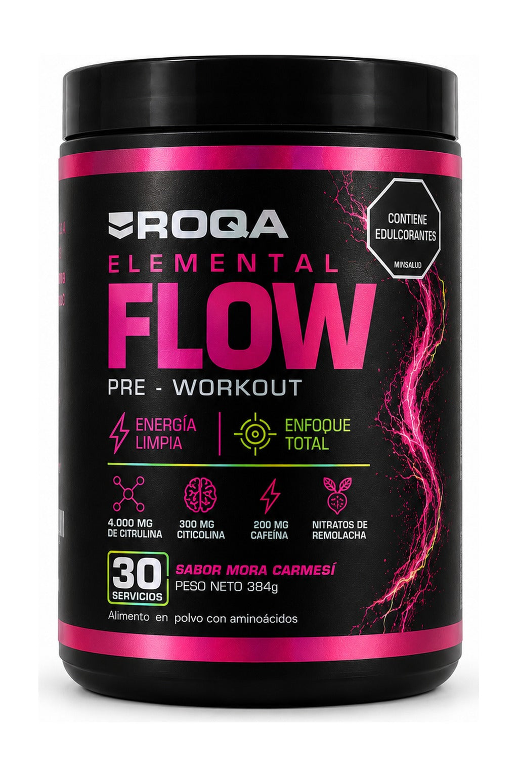 Elemental FLOW Pre-Workout 384 g — tarro negro con etiqueta carmesí, 30 servicios, sabor Mora Carmesí