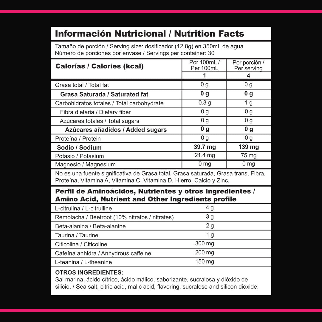 Tabla nutricional de Elemental FLOW — 4 kcal por porción de 12,8 g y perfil de aminoácidos con las dosis declaradas