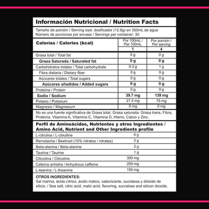 Tabla nutricional de Elemental FLOW — 4 kcal por porción de 12,8 g y perfil de aminoácidos con las dosis declaradas
