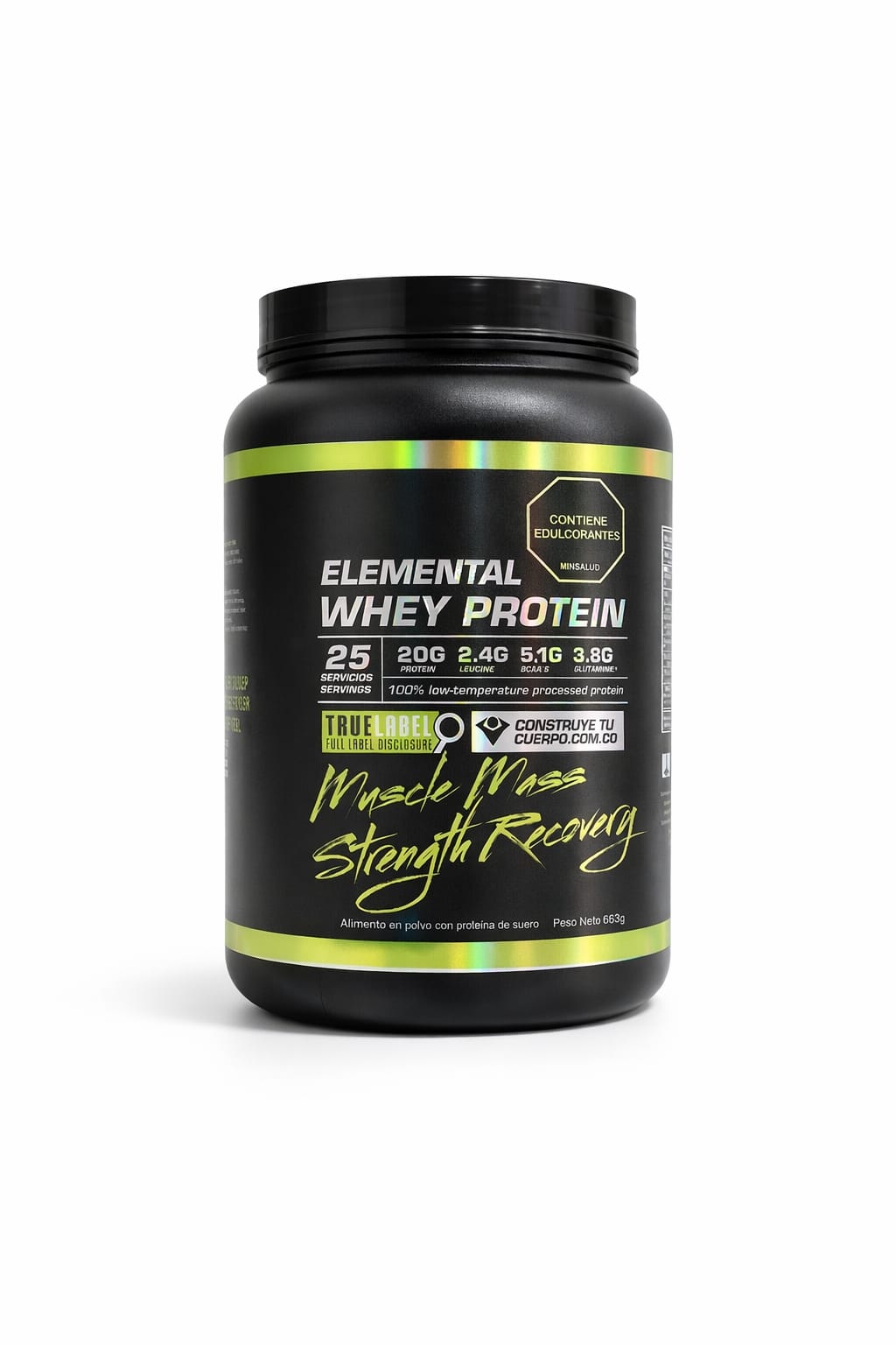 Elemental Whey Protein 663 g — tarro negro con etiqueta lima, 25 servicios, 20 g de proteína por servicio